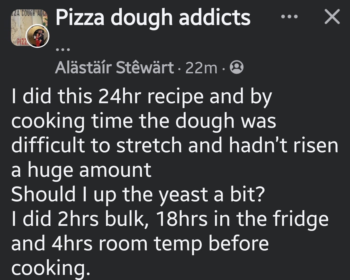 Operator report describing a 24 hour schedule of 2h bulk, 18h cold retard and 4h ambient with a tight dough